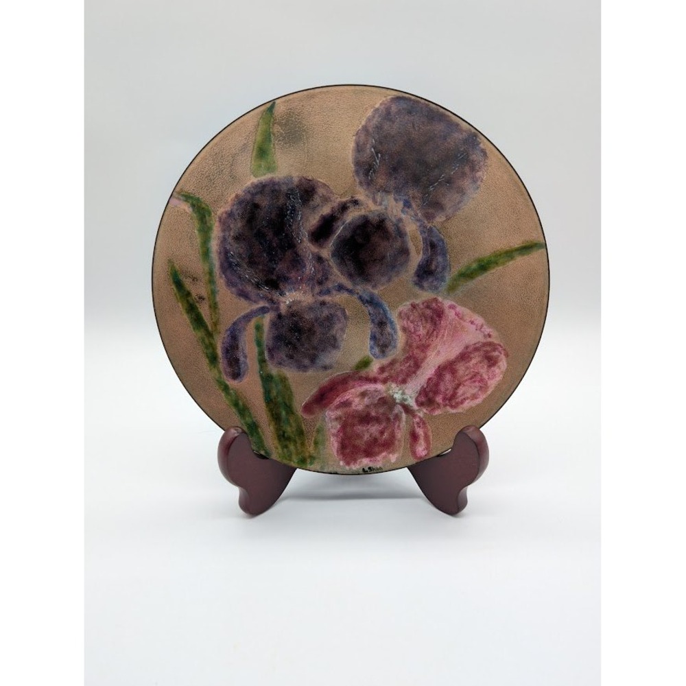 Vintage MCM Enamel on Copper Iris Floral Dish Plate 7" Signed Mid Century Modern